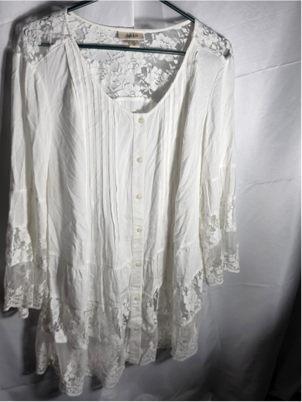 Women's Style & Co White Lace Trim Button Down Blouse Size XL Cottagecore fall